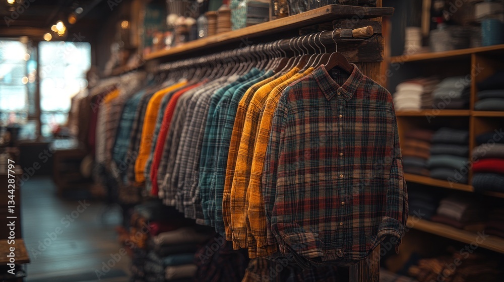 Fototapeta premium Rustic shop interior with colorful plaid shirts on display.