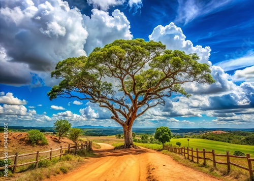 Panoramic View of Arid Landscape near Palmas, Tocantins, Brazil - Dry Tree, Farm Entrance, Hillside photo