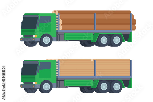 Logging truck vector flat illustration for transportation of wood and timber products. Forestry industry. Fully editable and easy to customize