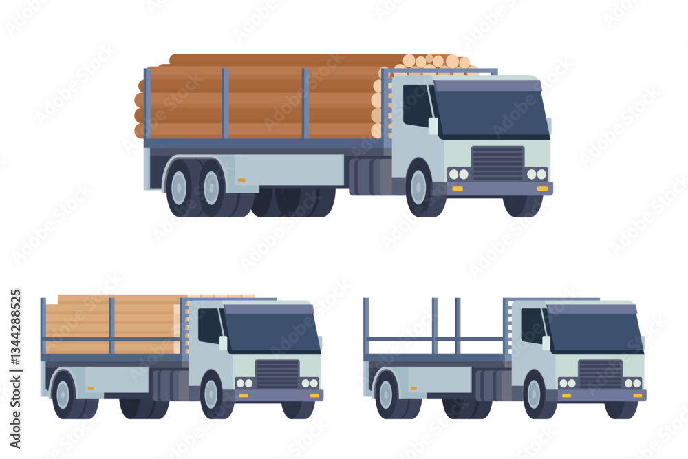 Logging truck vector flat illustration for transportation of wood and timber products. Forestry industry. Fully editable and easy to customize Logging truck vector flat illustration for transportation of wood and timber products. Forestry industry. Fully editable and easy to customize