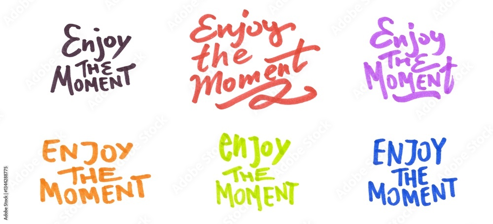 Fototapeta premium Set of hand-drawn colorful marker text “Enjoy the Moment” isolated on a white background 