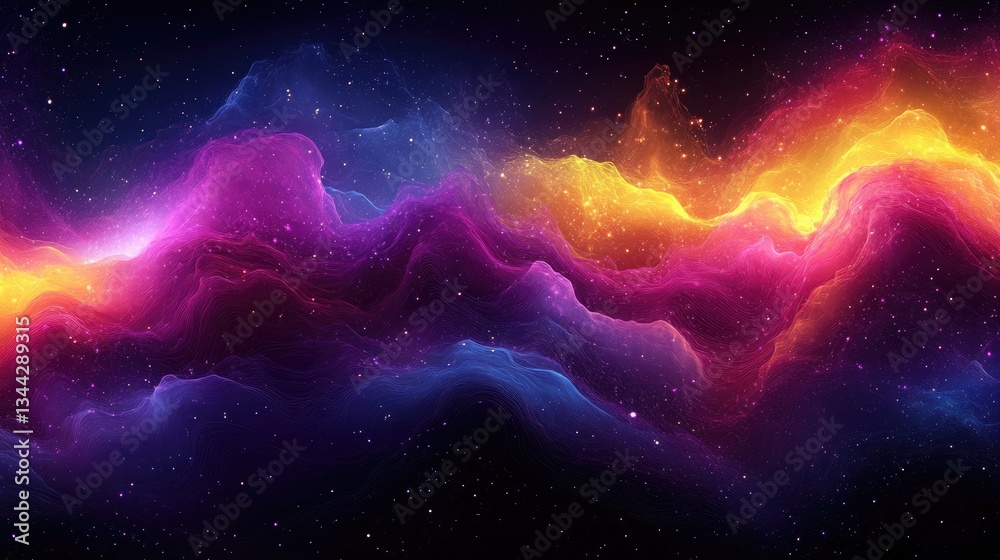 Obraz premium Abstract cosmic landscape with vibrant, swirling nebulae in pink, purple, and yellow hues. Ideal for backgrounds, science fiction, and fantasy projects needing a celestial atmosphere.