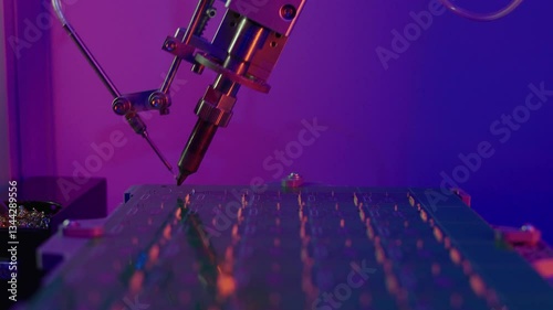 Close up of the soldering tip of a soldering station welding contacts on a green circuit board, all in muted blue and red laboratory workshop lighting