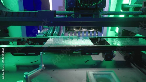 Close up of a machine printing and placing chips on a circuit board quickly, with green and blue muted lighting in a laboratory workshop