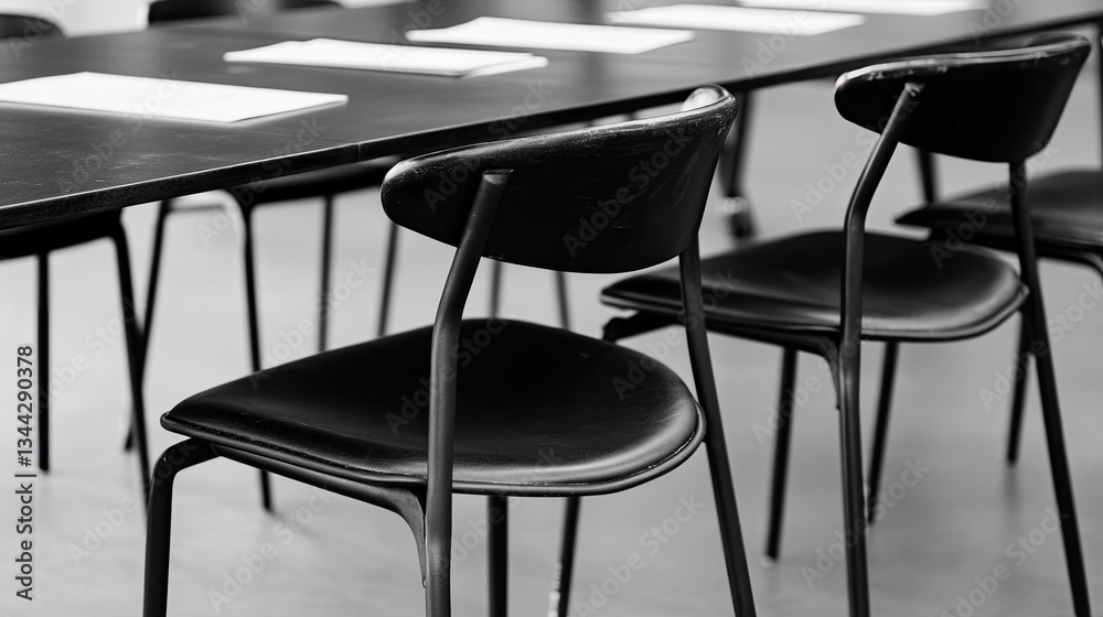 Empty conference room chairs and table, papers, meeting preparation Empty conference room chairs and table, papers, meeting preparation