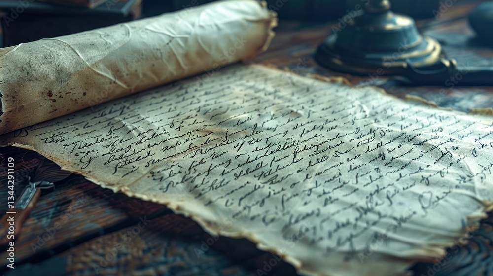 A finely crafted letter lies on a rustic wooden table, softly illuminated, enhancing its timeless charm A finely crafted letter lies on a rustic wooden table, softly illuminated, enhancing its timeless charm