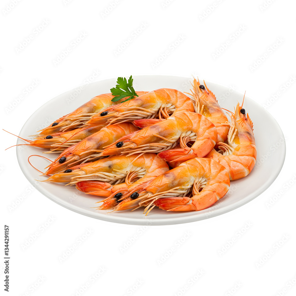plate of cooked prawns or tiger shrimp set against a white background plate of cooked prawns or tiger shrimp set against a white background