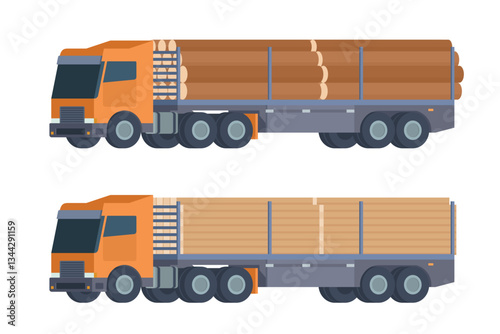 Semi-trailer logging truck vector flat illustration for transportation of wood and timber products. Forestry industry. Fully editable and easy to customize