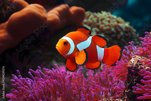 Colorful clownfish, including Nemo, swim among anemones and coral on a tropical reef