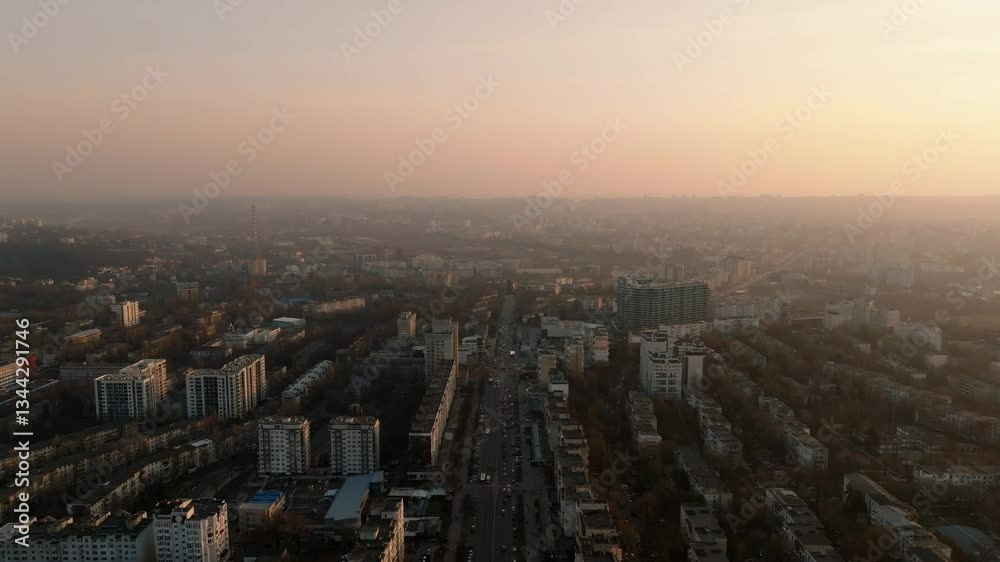 Aerial view of Riscani district in Chisinau with new residential buildings over Moscova Boulevard during sunset Aerial view of Riscani district in Chisinau with new residential buildings over Moscova Boulevard during sunset