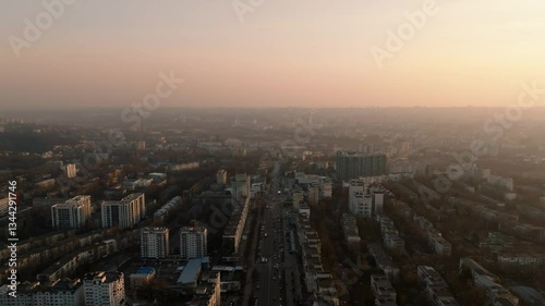 Aerial view of Riscani district in Chisinau with new residential buildings over Moscova Boulevard during sunset