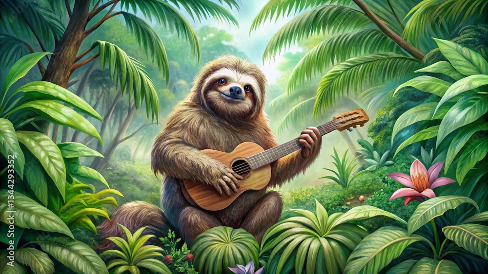 Fototapeta premium Panoramic Watercolor Sloth Guitarist - Relaxed Tropical Animal Music Scene