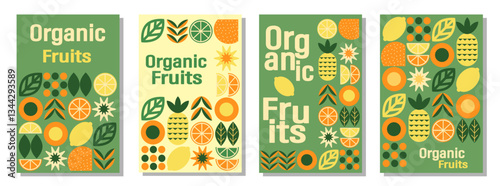 Organic fruits and vegetables banners set. Geometric abstract background in minimalist design.