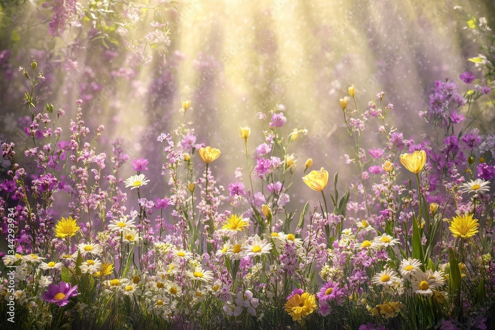 Naklejka premium Lush Meadow with Colorful Wildflowers and Sunlight Rays