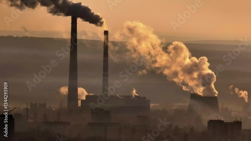 Aerial view of Chisinau thermal power plant with heavily smoking chimneys at sunrise
