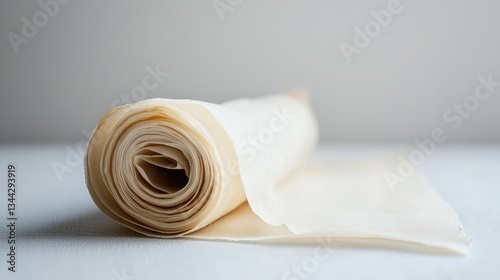 A rolled-up muslin fabric swatch placed on a white surface.