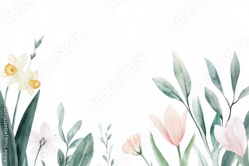 delicate and serene watercolor illustration of vibrant spring flowers and green plants gently swaying painted with