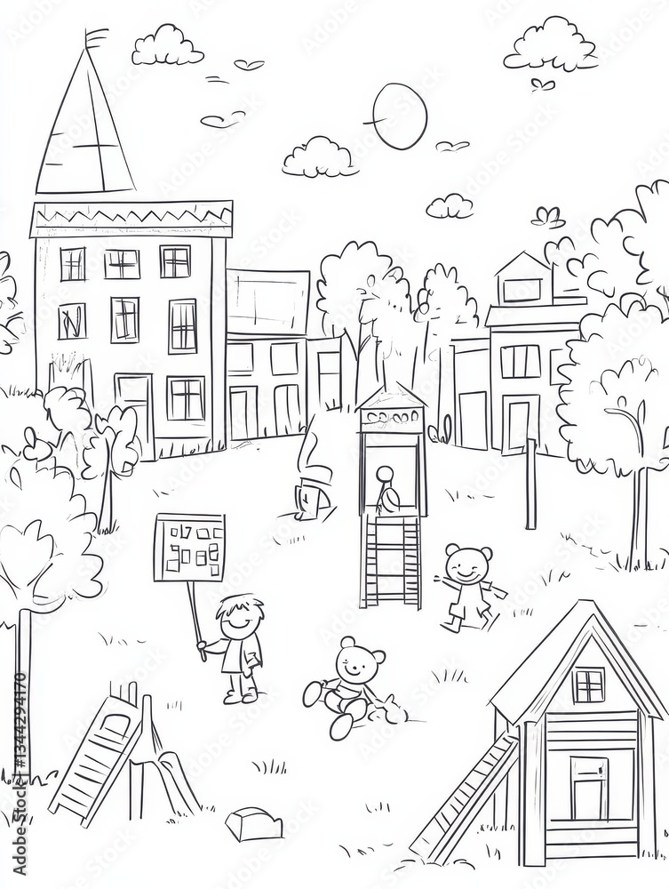 Obraz premium A set of simple doodle line art drawings, depicting a school and children playing in the playground with toys like a teddy bear on a sunny spring day, a house made from blocks or wood
