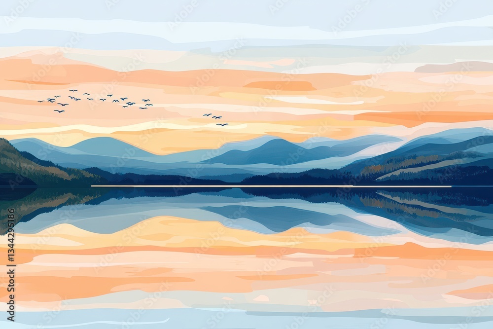 Fototapeta premium Serene Sunrise Over Calm Lake with Mountain and Sky Reflection