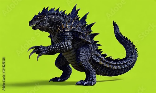 Green screen footage of a huge monster creature with scaly skin walking on a bright green background for sci-fi editing projects
