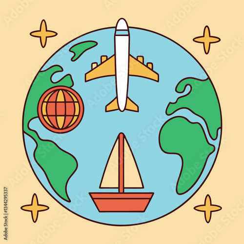cartoon global travel illustration. vibrant world travel vector. stylized airplane and sailboat on Earth.