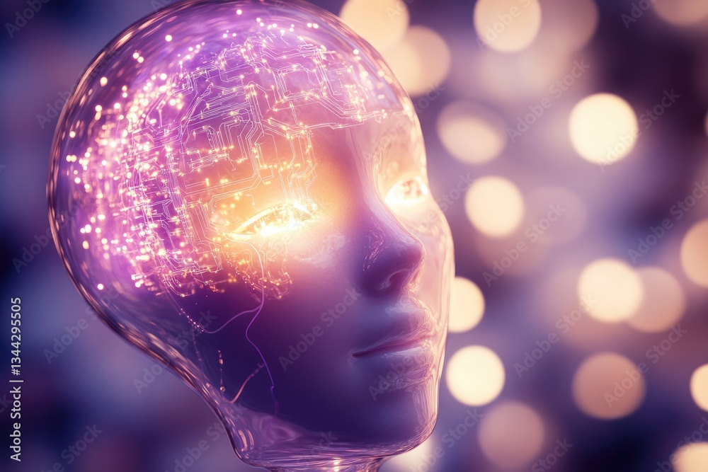 Obraz premium A translucent head illuminated with circuit patterns, representing artificial intelligence and neural networks.