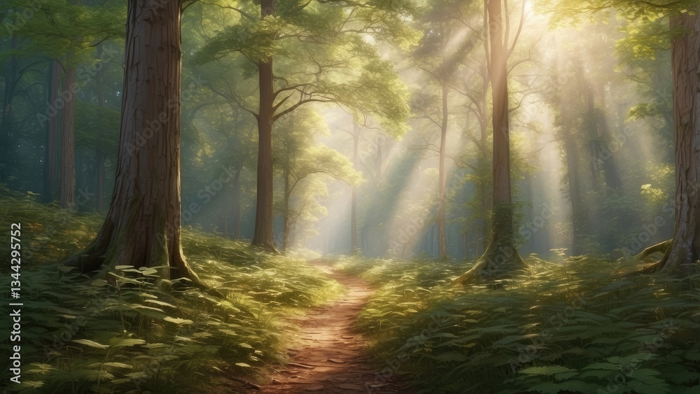 Obraz premium A serene forest scene featuring a pathway lined with tall trees,