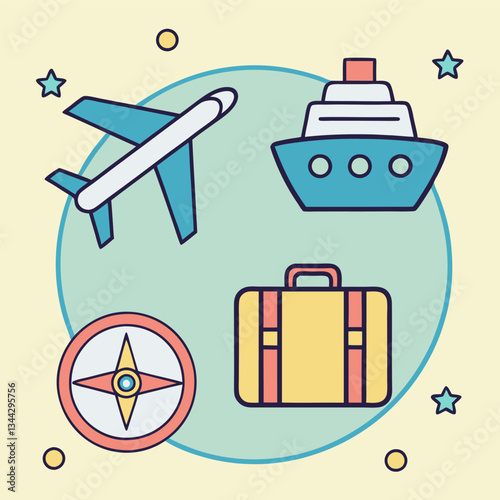cartoon travel illustration with airplane and cruise ship. stylized travel-themed vector with suitcase and compass. fun travel icon set with a warm background.