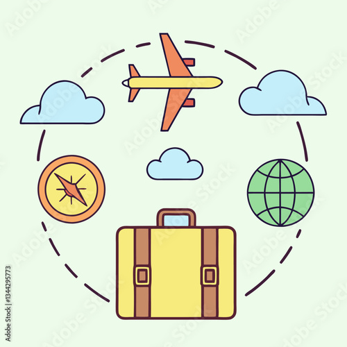 travel-themed digital illustration. suitcase airplane globe travel icon. modern vector travel symbol design.