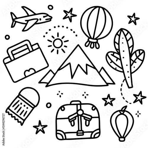 black and white travel icon illustration. monochrome travel-themed line art. flat vector travel symbols collection.