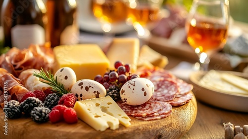 a charcuterie board with fresh quail egg