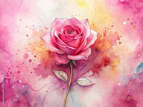 Pink Watercolor Rose Line Art Background - Delicate Floral Stock Photo