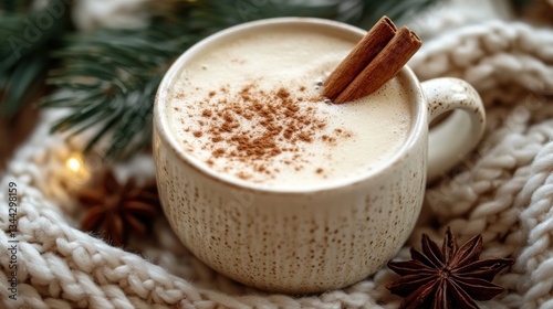 Cozy Christmas Eggnog in Mug, Festive Background