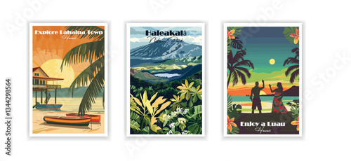Enjoy a Luau, Explore Lahaina Town, Haleakalā National Park – Vintage Travel Poster, Hand-Drawn Illustration
