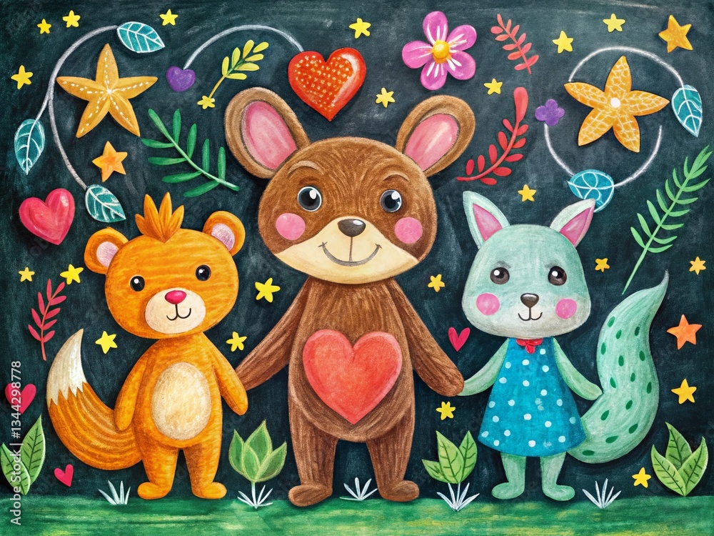 Obraz premium Playful Chalkboard Animals: Whimsical Illustrations for Kids' Room Decor & Educational Resources