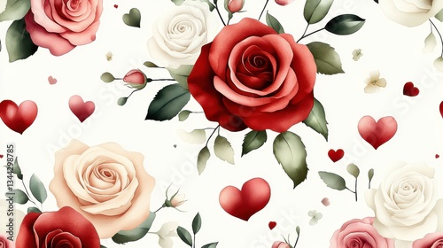 Wallpaper Mural Perfectly seamless with Valentine theme featuring red, pink, and white roses, small hearts, and soft foliage Torontodigital.ca