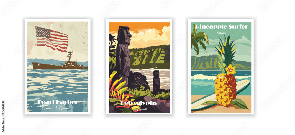 Pearl Harbor, Oahu, Hawaii, Petroglyphs of Hawaii, Pineapple Surfer – Vintage Travel Poster, Hand-Drawn Illustration