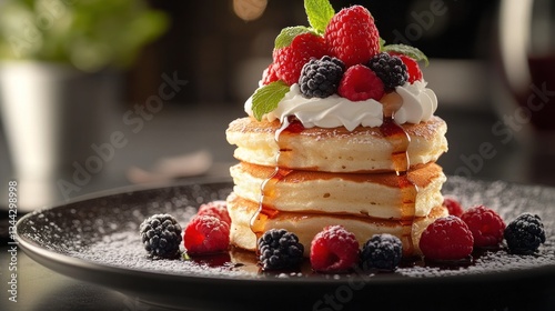 Delicious stack of pancakes topped with whipped cream and fresh berries on dark plate