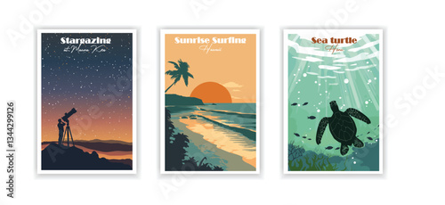 Sunrise Surfing, Sea Turtle (Honu), Stargazing at Mauna Kea – Vintage Travel Poster, Hand-Drawn Illustration