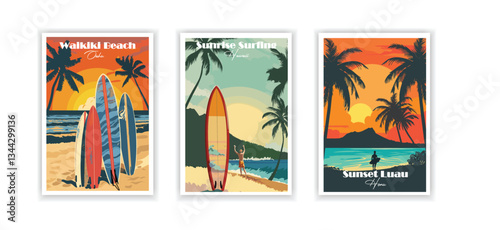 Surfing at Waikiki Beach (Oahu), Sunset Luau – Vintage Travel Poster, Hand-Drawn Illustration