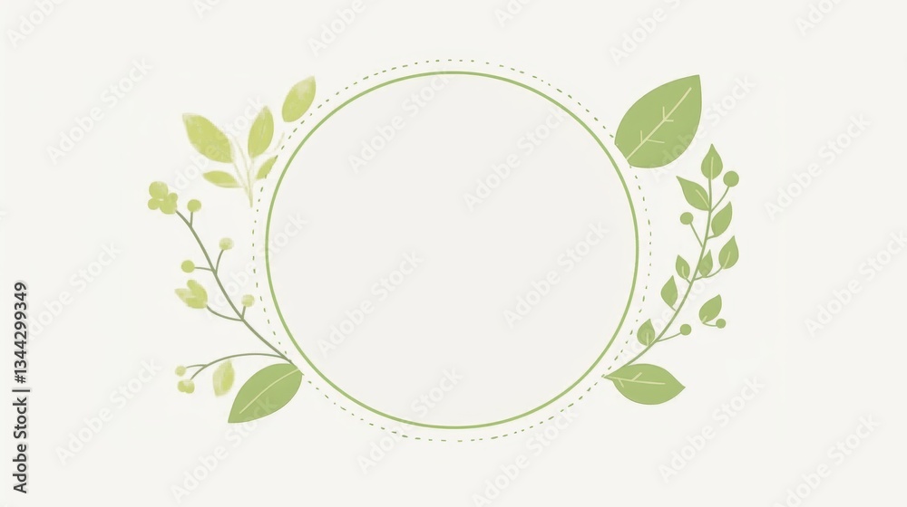 Green botanical foliage surrounding circular dotted border, creating minimalist graphic frame against soft gray backdrop Green botanical foliage surrounding circular dotted border, creating minimalist graphic frame against soft gray backdrop
