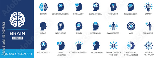brain icon set featuring cognition, thinking, intelligence, meditation,  brain,  and mental health symbols for education, science, imagination, brainstorming, and app design projects.