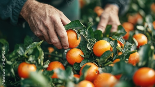 Farmer's hands picking oranges in greenhouse
