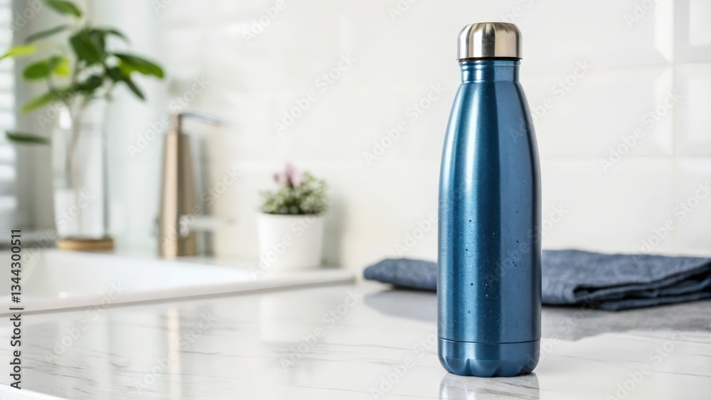 Blue Insulated Water Bottle on Countertop Blue Insulated Water Bottle on Countertop