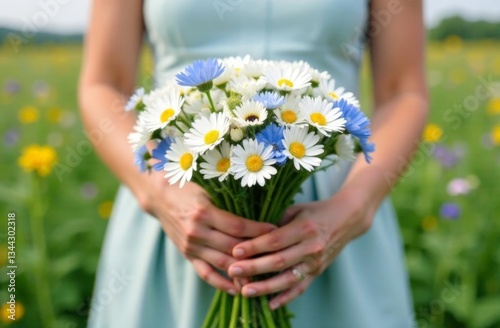 Top view on Hands of young caucasian woman hold wild flower bouquet on beautiful green background. Gathering wildflowers, bunch of mixed blooming white chamomile, daisy yellow flowers, poppy, summer