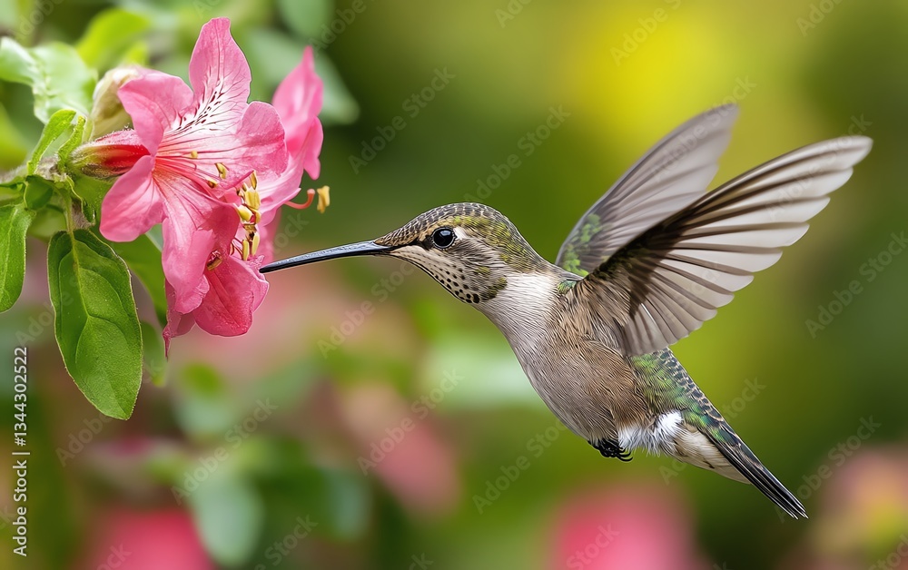 Obraz premium Closeup hummingbird hovering near pink flower midflight its blooming