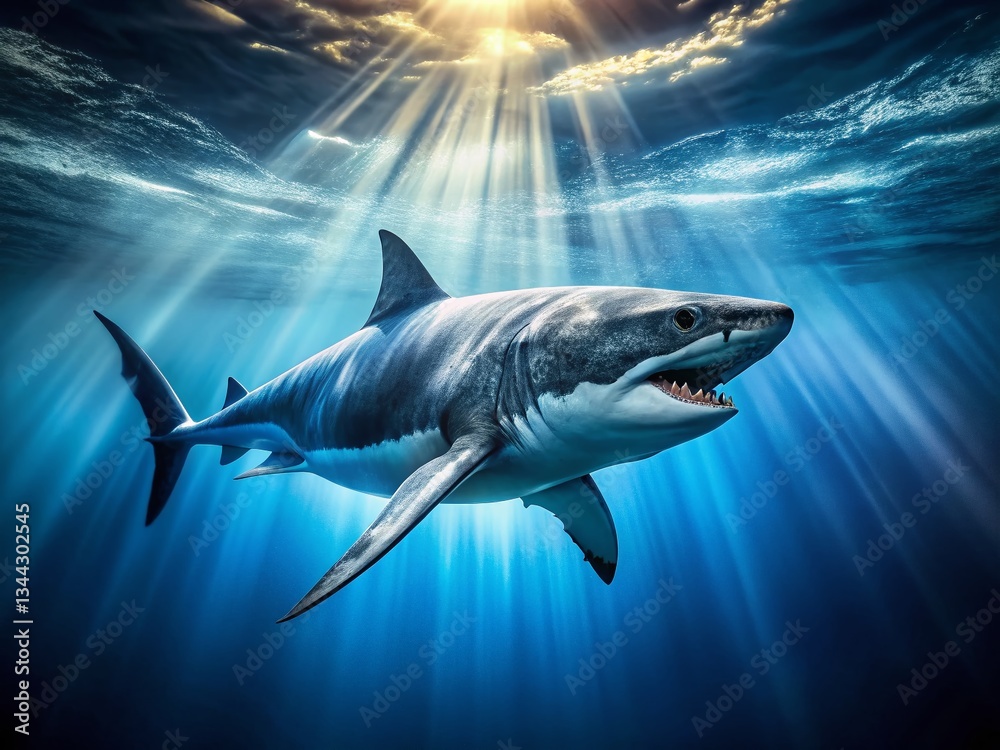 Obraz premium Prehistoric Megalodon Shark Near Ocean Surface - Deep Blue Sea Stock Photo