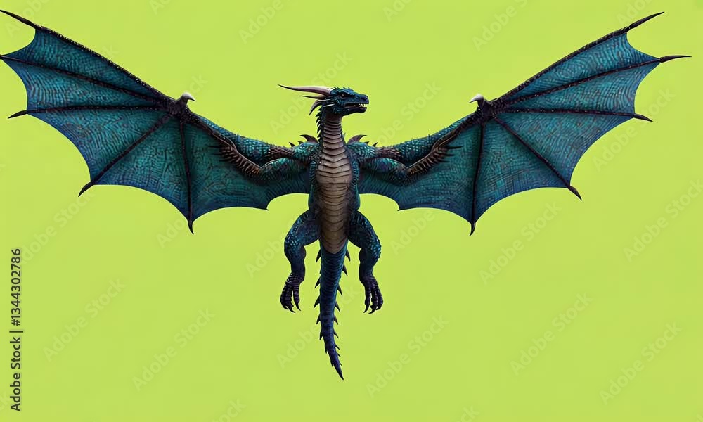 Green screen clip of a fierce dragon flying with dynamic movement on a bright green background for visual effects production