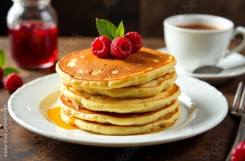 Pancakes with berries over white background.