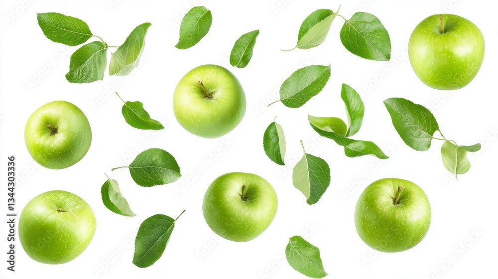 Vibrant Green Apple Display: A captivating display of fresh, green apples, accompanied by verdant leaves. Showcasing a bounty of nature's finest fruit in a clean and refreshing composition. Vibrant Green Apple Display: A captivating display of fresh, green apples, accompanied by verdant leaves. Showcasing a bounty of nature's finest fruit in a clean and refreshing composition.